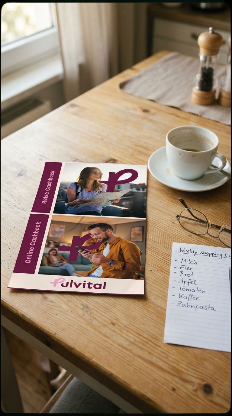 Der Pulvital-Flyer liegt auf einem hellen Holzküchentisch neben Kaffeetasse, Lesebrille und Einkaufszettel